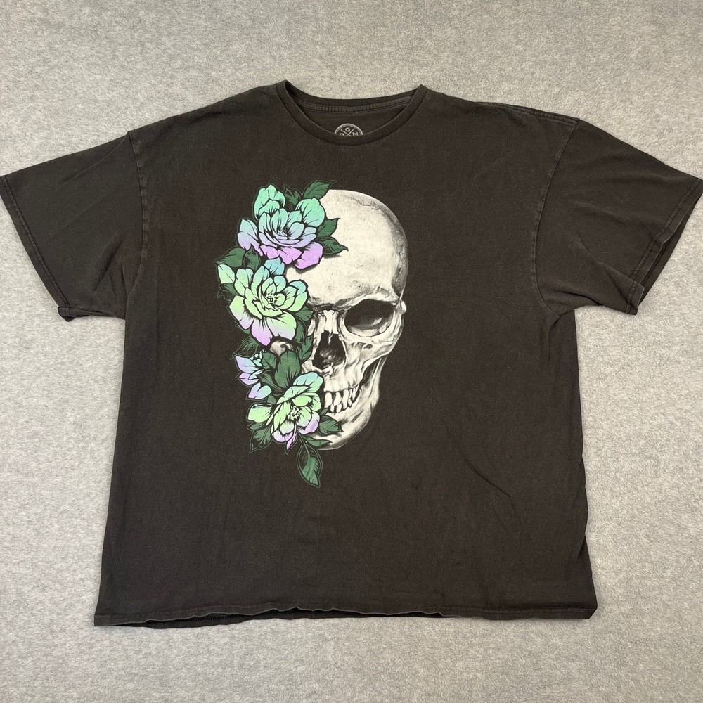 DOM T-Shirt Mens 2XL Black Skull Floral Graphic Short Sleeve Cotton Tee